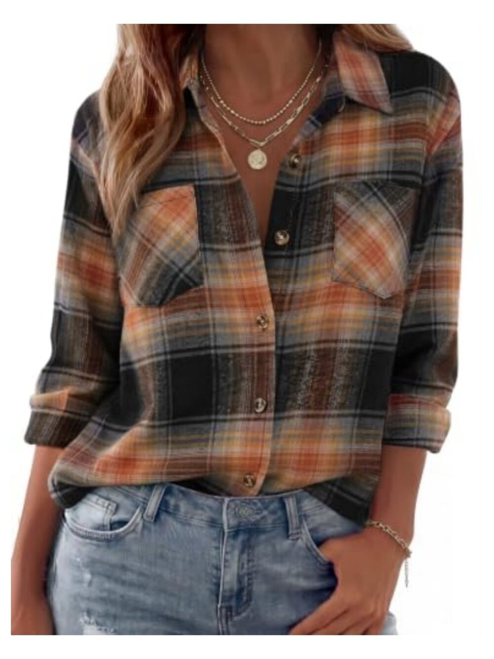 Flannel Plaid Button Down Long Sleeve Collared Casual Top